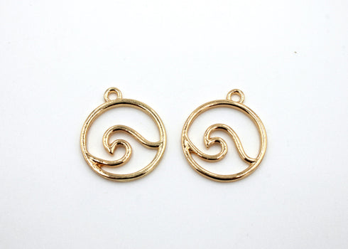 wave charm, ocean wave, gold charm, mixed metal, 24mm x 21mm, hole 1.5mm, sold as 2 pieces.